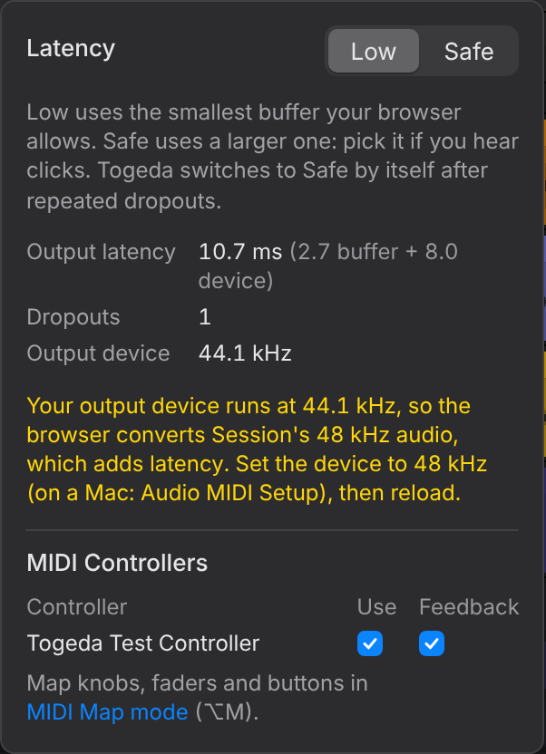 MIDI Controllers in the Audio menu