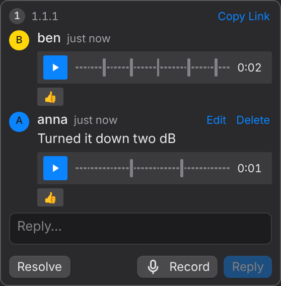 A voice note in a comment and a reply
